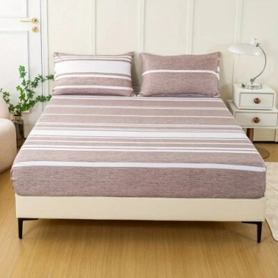 Juego de sábanas ajustables a rayas de 3 piezas fundas de almohada suaves y transpirables Foto 1 de 4