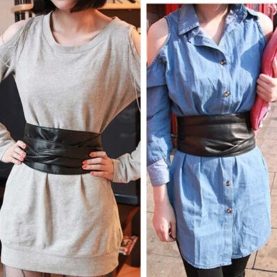 1 X Vintage Faux Leather Waist Belt Solid Bowknot Sash Tie Corset 225*11cm Red - Image 1 of 4