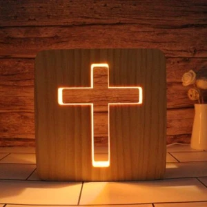 Wooden LED Wooden Cross Night Light 3D Desk Table Lamps Christian Gift - Picture 1 of 12