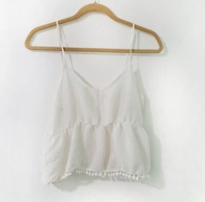 Nella Fantasia White Tank Top Size M Ladies Juniors Crop Sheer Pompom Balls - Picture 1 of 12