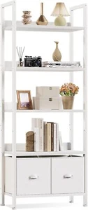 5 Tier Bookshelf with Drawers, White Tall Bookcase with Shelves, Wood and Metal - Picture 1 of 6