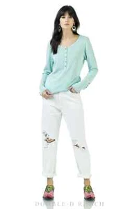Double D Ranch Wear Glam Henley Knit Top-Celestial Sky-Lurex-Pearl Snaps-Small - Picture 1 of 3