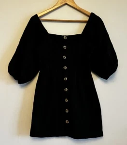 BILLABONG Ladies Black Dress Size 8 Linen Baby Doll Puff Sleeve Button Mini - Picture 1 of 13