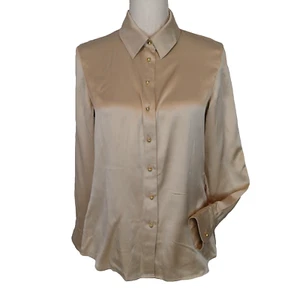 Ravella Womens XS Blouse 100% pure Silk Beige Button Down top shirt gold butto - Picture 1 of 15