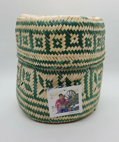 Handmade Mexican Globein Folk Art basket with lid. Green. Basket Storage. 6" Cover