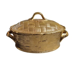 Vtg Hall Golden Glo 3-Quart Lidded Casserole Baking Dish Basketweave Pattern - Bild 1 von 7