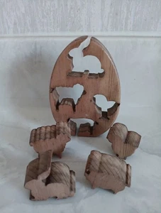 Volkskunst Holz Bauernhof Tier/Osterszene Puzzle/Display Set Künstler signiert 1992 - Bild 1 von 9