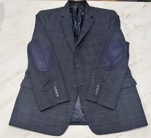 Tasso Elba Navy Blue Plaid Mens XL Jacket Blazer 46R Elbow Patches 2 Buttons - Picture 1 of 8