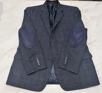 Tasso Elba Navy Blue Plaid Mens XL Jacket Blazer 46R Elbow Patches 2 Buttons - Image 1 of 4
