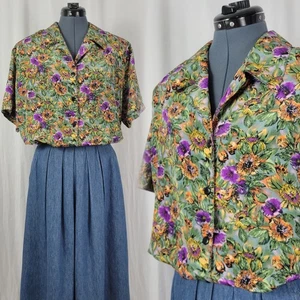Vintage Lauren Lee Green/Purple/Orange Floral Button Down Blouse Size 16 - Picture 1 of 21