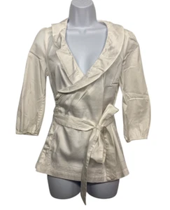 Banana Republic Women's size XS White Wrap Top 3/4 Sleeve Ruffle Neck Long Tie - Picture 1 of 11