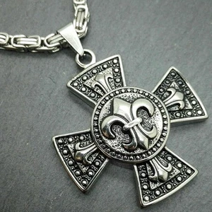 BIG KETTENANHÄNGER IRON CROSS LILIE EDELSTAHL KÖNIGSKETTE EISERNES KREUZ KETTE  - Bild 1 von 3