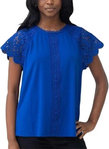 Cable and Gauge Womens Short Sleeve Lacy Keyhole Top Surf the Web Small - Picture 1 of 2