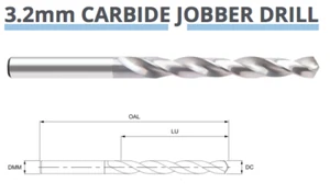 3.2mm CARBIDE JOBBER DRILL BIT DIN338 2 FLUTED EUROPA TOOL 8013030320 4 - Picture 1 of 6