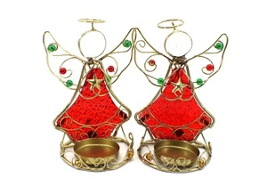 Red Glass & Brass Angel Tealight Candle Holder Christmas - Picture 1 of 12