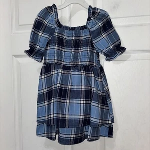 NWT Copper Key Plaid Smocked Dress Girls 4 Blue Navy Flannel Puff SS Stretch - Picture 1 of 7