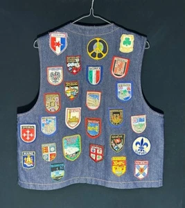 Men Denim Vest Jean Jacket Sleeveless gilet Vintage handmade patches countries - Picture 1 of 10