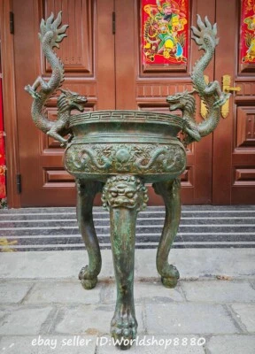 54.4" XuanDe Bronce Marcado Bronce Bestia Dragón Estatua 2 Orejas 3 Patas Quemador de Incienso Foto 1 de 4