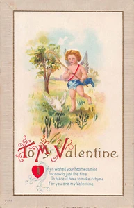 Vintage Valentinstag Tauben rotes Herz Cherub geprägt Liebe Postkarte 1900er - Bild 1 von 2