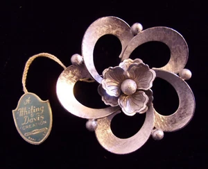 Vintage Whiting & Davis silberfarbene Brosche Blume mit Etikett - Bild 1 von 6