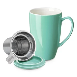 15oz Porcelain Tea Mug with Infuser and Lid – Microwave Safe, Ergonomic Handl... - Foto 1 di 6