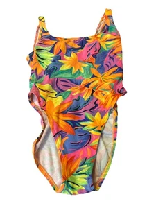 Vintage Daffy Waterwear Ladies Swimsuit Size 7/8 Floral Neon 80s USA - Picture 1 of 4