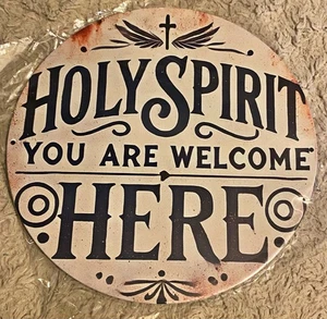 Rustic Bohemian Tin Sign Cross 8X8 “Holy Spirit Welcome” Tan New Hanging Wall - Picture 1 of 1
