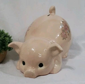 Large Vtg Pink Curly Tail Pig Piggy Bank Ceramic Floral Chubby Piglet RARE *READ - Picture 1 of 16