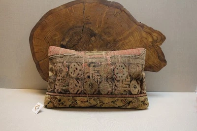 Vintage Turkish Rug Pillow Cover 16x24 Handwoven Distressed Floral Cushion - Image 1 of 4