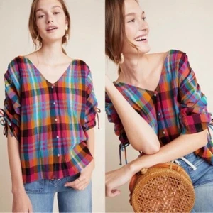 Camicia Maeve By Anthropologie rosa colorata a quadretti manica a cravatta collo a V - Foto 1 di 6