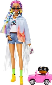 Mattel Barbie Extra Doll #5 In Long-Fringe Denim Jacket & Puppy *Ships Now* NEW - Foto 1 di 6