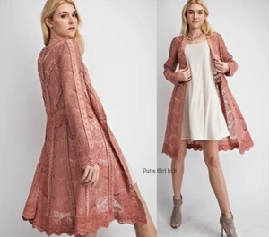 New VOCAL Womens PINK STUDDED FAUX LACE CARDIGAN DUSTER JACKET S M L XL 1X 2X 3X - Picture 1 of 10