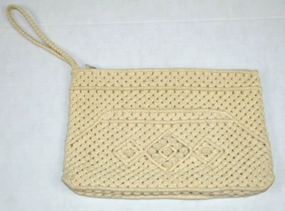 Vintage Crocheted Clutch Purse 70s Ivory Knit Lined Hand Strap Diamond Crochet - Image 1 of 4