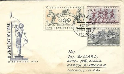 CZECHOSLOVAKIA 1956 FIRST DAY COVER OLYIMPICS, STAINED - Image 1 of 2