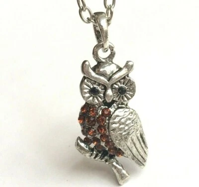 Серебряная сова птица ожерелье 22» X-длинный подвеска коричневый кристалл покрытием США продавец - Изображение 1 из 4