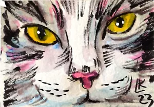Wilde und neugierige Katze Mini Portrait ACEO in hellen Farbtönen - Bild 1 von 4