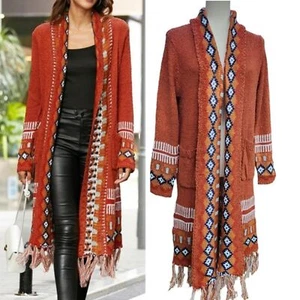 Size L Bohemian Knit Long Sweater Duster fringed Cardigan Brick Red With Pockets - Picture 1 of 16