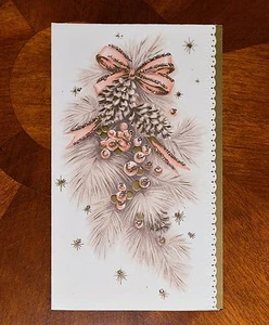 Vintage UNUSED Christmas Card EMBOSSED GLITTER PINK PEACH PINE CONE SPRAY MidCen - Picture 1 of 3