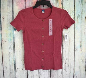 Top para niñas jóvenes viejo azul marino tejido con costillas manga corta frontal con botones XLARGE rosa polvoriento - Imagen 1 de 8