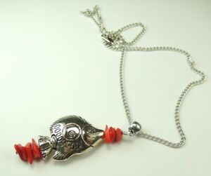 Handmade Statement Red Coral Necklace with Fish on Chain Beach Wedding