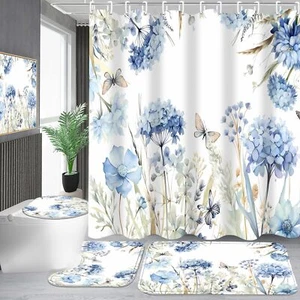 4-Piece Blue Floral Shower Curtain Set Butterfly Flowers Bathroom - Picture 1 of 6