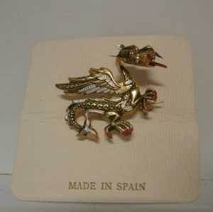 Vintage Gold-Tone Damascene Dragon Fire Breathing Brooch made in Spain - Picture 1 of 3