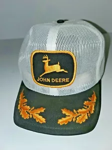 Cappello camionista vintage John Deere maglia intera bianco nero Bill con foglie oro senza etichette - Foto 1 di 6