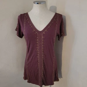 Weiche Umrandung Damen XS V-Ausschnitt Perlen verziert Kurzarm Tunika Oberteil - Bild 1 von 5