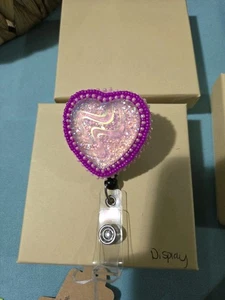 Native American Beaded Badge Reel Glittery Pink Heart - Picture 1 of 3