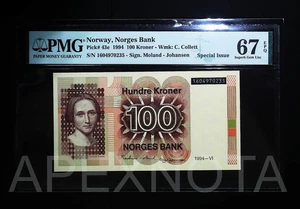 [SPECIAL ISSUE] NORWAY 100 KRONER 1994 P43 PMG 67 SUPERB GEM UNC EPQ BLACK S/N - Picture 1 of 7