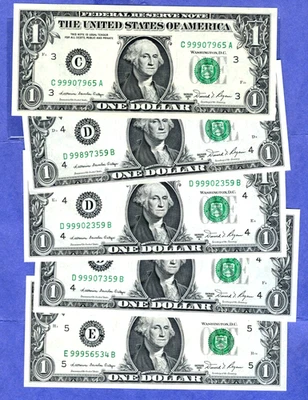 5 Fancy 99XXXXXX HIGH serial number # $1 notes series 1981A - Image 1 of 2