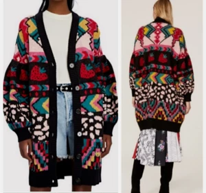 NEW FARM RIO Crazy Mix Jacquard V Neck Oversized Cardigan Sz S/M - Multicolor - Picture 1 of 9