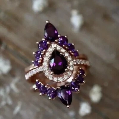 Conjunto de trío de amatista simulada de pera para mujer anillo banda de lujo enchapado en oro rosa de 14 k Foto 1 de 4