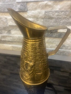 Vintage Brass Embossed Pub Scene Pitcher Flower Vase Made in England Cottage - Image 1 of 4